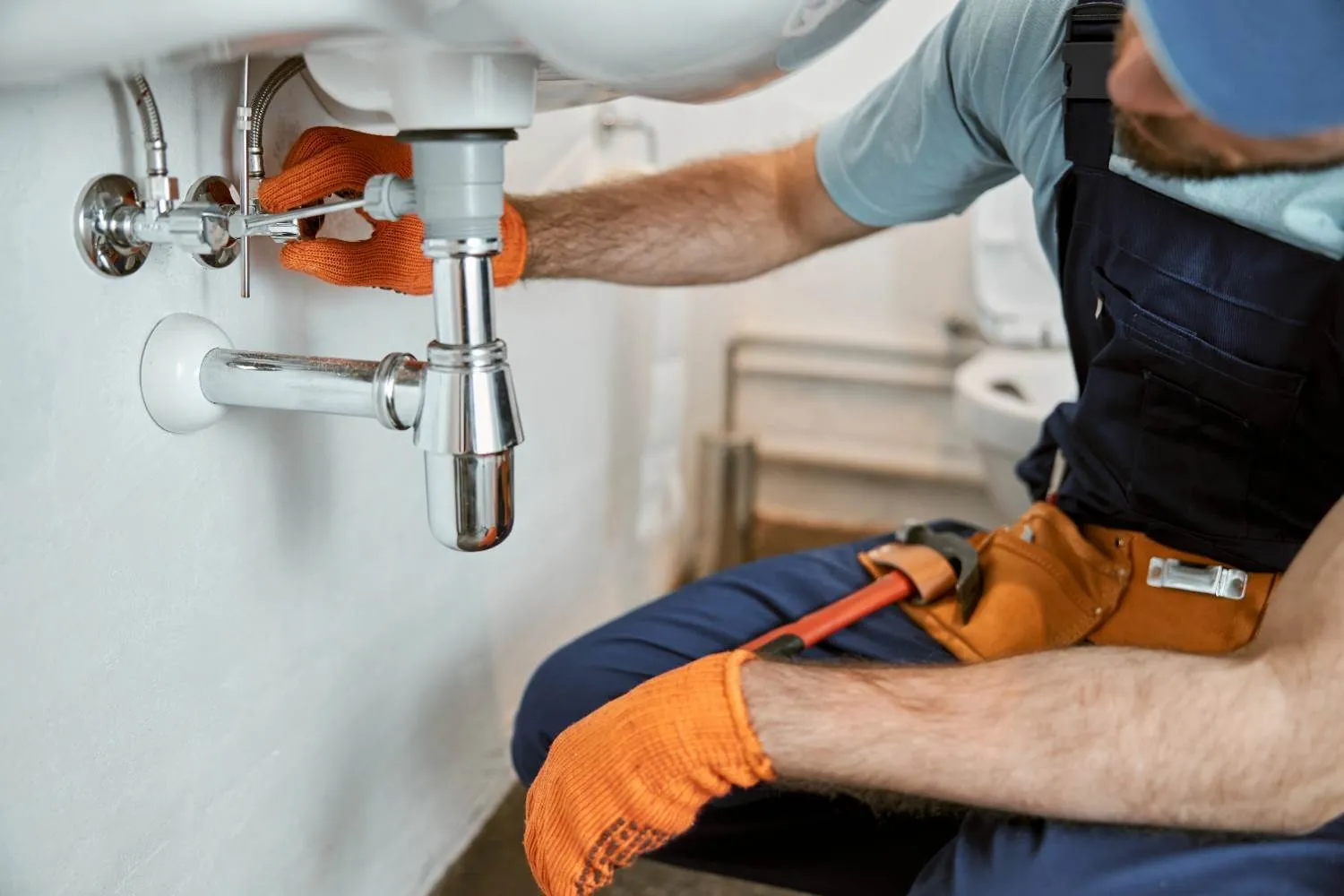 Plumber repairing a sink trap